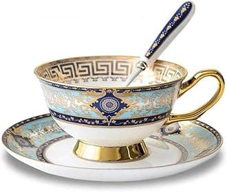 YBK Tech Euro Style Bone China Cup& Saucer Set, Ceramic Tea Coffee Cup for Home Kitchen Wedding (Royal Pattern- Sky Blue)