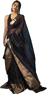 Satrani Women'S Organza Jacquard Border Saree With Unstitched Blouse Piece