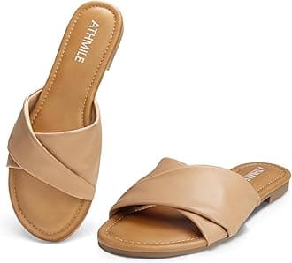 ATHMILE Sandals for Women 2026 Dressy Summer Flat Comfortable Fashion Beach Cute Ladies Slides Leather Casual Dress Women's Sandals Size 6-11