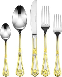 Venezia Collection "Seashell" Flatware Set 20-Piece Service for 4, 18/10 Stainless Steel Silverware Cutlery, 24K Gold Plated Trim
