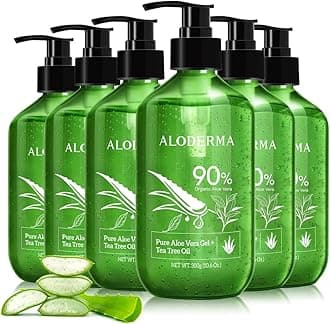 Aloe Vera Gel + Tea Tree Oil, Made with Refreshing Organic Aloe for After Sun Skin Care, Multipurpose Use for Hair and Scalp, and Face or as a Shaving Gel or Aftershave - 10.6Oz x 6btls