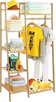 COOGOU Wood Clothes Rack Garment Racks for Hanging Bamboo Clothing Rack with Shelves Corner Narrow Hanging Clothes Racks for Kids Childs Clothes Organizer Small Space,Free Standing (Ladder Design)