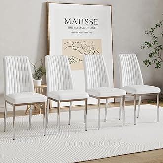White Leather Chair, Modern Dining Chair Set of 4 with PU Leather and Chrome Leg, Sillas de Comedor with High Back for Dining Room, Kitchen, Living Room (WH-4)