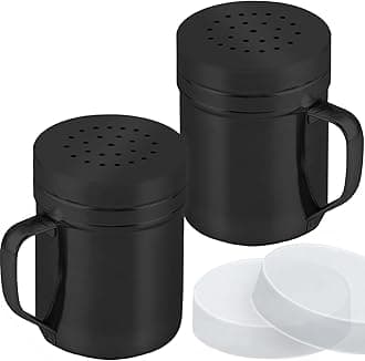 CUSINIUM 6oz Black Stainless Steel Salt Pepper Dredge Shakers - With Plastic Cap - With Handle - Pack of 2