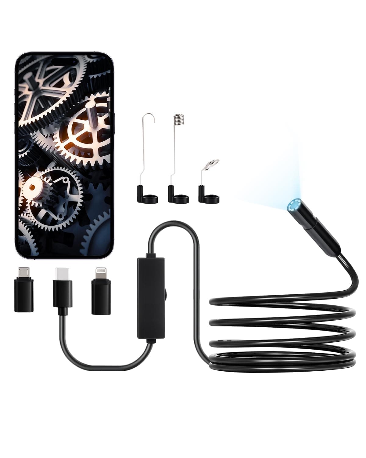 Endoscope Camera with Light, 1920P HD Borescope for Android & iOS, 8 LED Lights Inspection Camera with 10FT Semi-Rigid Cable, 2X Zoom, IP67 Waterproof Snake Scope Camera for Auto, Plumbing