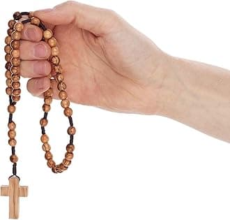 本物のオリーブ材 カトリック ロザリオビーズ ネックレス ベツレヘム産 ナチュラルコットンポーチ入り BeBlessed社製 12 x 16 ブラウン