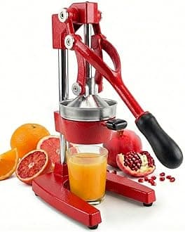 Eurolux Cast Iron Citrus Juicer | Extra-Large Commercial Grade Manual Hand Press | Heavy Duty Countertop Squeezer for Fresh Orange Juice (Bonus Stainless Steel Cup) (Red)