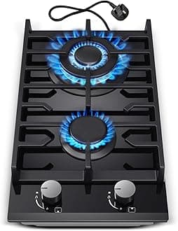 TopStrong Gas Hob 2 burners, 30cm Built in 2 Burners Gas on Glass Hob, NG/LPG Convertible, Flame Out Protection, Cast Iron Supports, 5200W