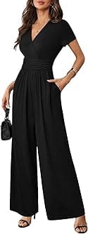 Women Casual Summer Jumpsuits Dressy 2026 Short Sleeves Deep V Neck Romper Elegant High Waist Wide Leg Pants Black XXL