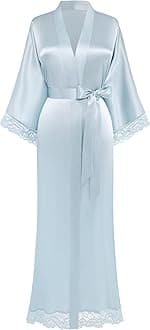 BABEYOND Satin Kimono Robe Silky Long Bridesmaid Wedding Lightweight Bath Robe with Lace Trim