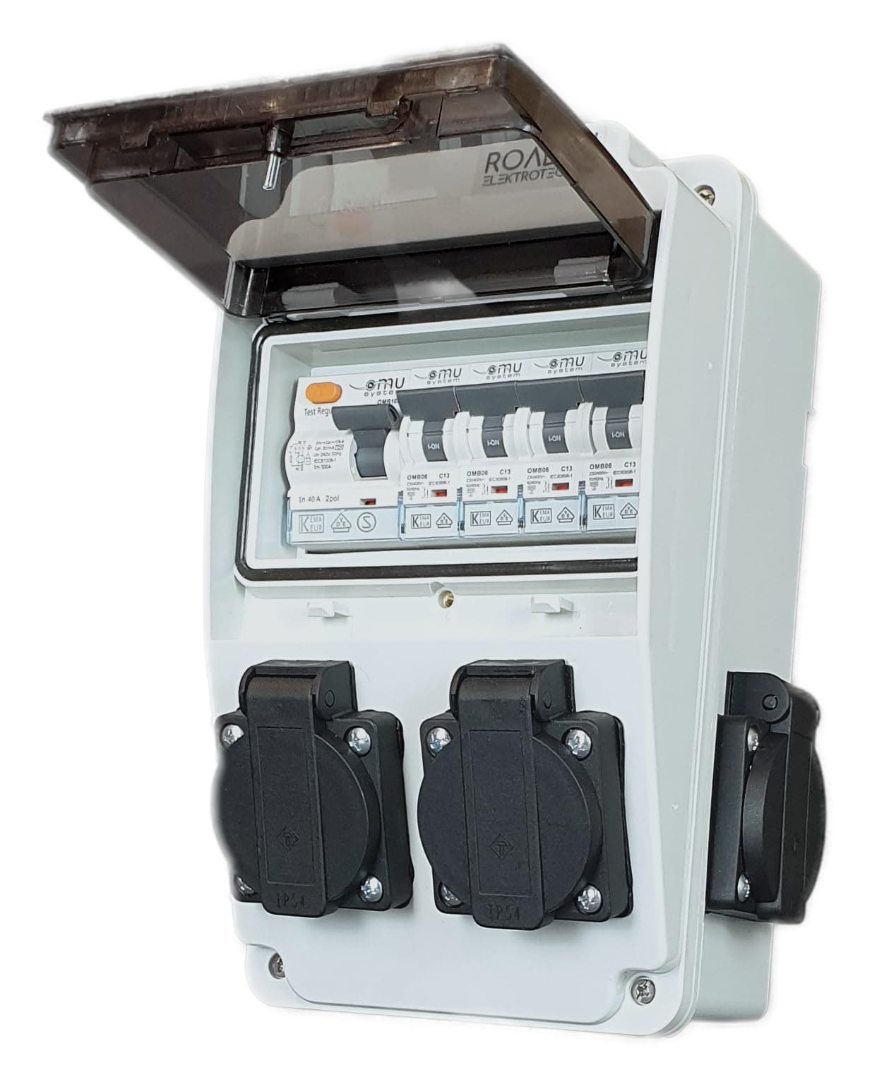RoadEu - UK Power Distribution Box - 4x 13A UK Sockets with 40A RCD and 13A 'C' MCBs, Waterproof IP54- Wall Power Distributor - Designed for UK Market and Includes 13Amp MCB