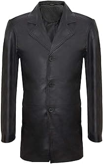 Mens Longh 3/4 Black Cromby 3 Button Lamb Nappa Leather Blazer Classic Retro Harrington Coat Jacket