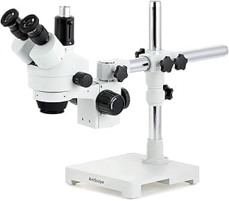 AmScope SM-3T Professional Trinocular Stereo Zoom Microscope, WH10x Eyepieces, 7X-45X Magnification, 0.7X-4.5X Zoom Objective, Ambient Lighting, Single-Arm Boom Stand