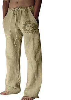 Mens Linen Trousers Cotton Jogging Bottoms Casual Summer Pants with Pockets Loose Fit Drawstring Trouser Comfortable Lightweight Pant
