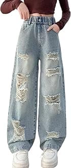 NABER Kids Girls Elastic Waist Cool Ripped Jeans Washed Denim Wide Leg Ripped Denim Jean Age 5-15 Years
