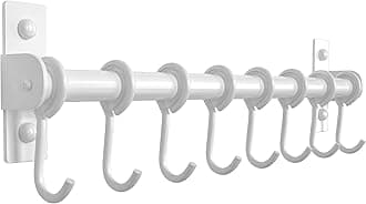 Dseap Kitchen Utensil Holder Hanger, Pot and Pan Rack Wall Mount, Kitchen Rail with 8 Hooks for Hanging Cooking Utensils, Mugs, Spoons, Wall Mounted, Stainless Steel, White