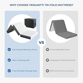 Vesgantti Folding Mattress with Storage Bag, Gel Memory Foam Foldable Mattress Tri-fold for Travel, Camping, Guest Bed - 100-Night Trial, CertiPUR-US Certified