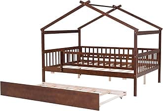 House Bed with Trundle and Fence, Full Size Montessori Style Beds with Railings, Wooden Playhouse Bed Frame for Kids Girls Boys, Walnut