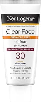 Neutrogena Clear Face Liquid Sunscreen for Acne-Prone Skin, Broad Spectrum SPF 30 Sunscreen Lotion with Helioplex, Oxybenzone-Free, Oil-Free, Fragrance-Free; Non-Comedogenic, 3 fl. oz