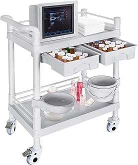 Enocreay Medical Mobile Trolley Cart 2-Shelf 220 LBS Max Load Rolling Utility Cart Heavy Duty Beauty Salon Storage Cart with Drawers Dirt Buckets Rotate Wheels 2 Brake for Hospital Dental Clinic Home