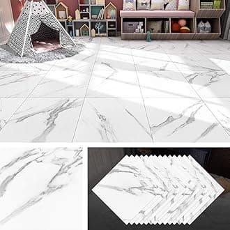 Livelynine Peel and Stick Floor Tile White Marble 12X12 Inch 16 Pack Waterproof Self Adhesive Vinyl Flooring Peel and Stick Tiles for Floor Stickers Kitchen Flooring Bedroom Farmhouse Bathroom