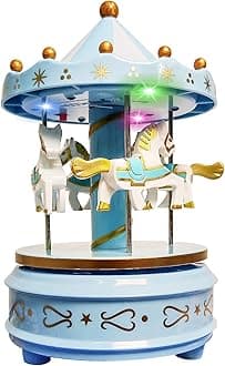 WEofferwhatYOUwant Carousel Music Box – Blue Horse Merry-Go-Round, Beethoven’s Für Elise | LED Lights | Twist-to-Play Music | Cake Topper & Nursery Decor | Baby Boy Gift | No Batteries for Music