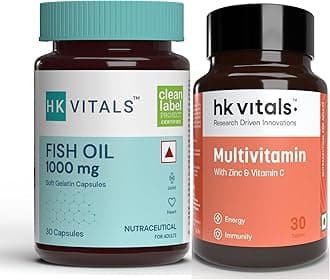 HealthKart HK Vitals Fish Oil and Multivitamin Combo, 30 Omega 3 Fish Oil Capsules (1000 mg Omega 3 with 180 mg EPA & 120 mg DHA) & 30 Multivitamin Tablets | Enhances Energy, Immunity & Joints Health