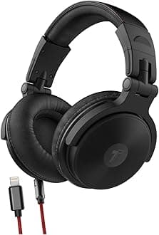 ENCASED Thore Over Ear iPhone Headphones with Lightning Connector (Apple MFi Certified) – Closed Back Studio DJ Monitor Earphones (50mm Neodymium Drivers) (V200 Black/Red)