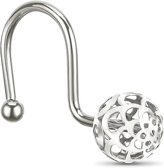 Chictie Nickel Shower Curtain Hooks - Decorative Shower Curtain Rings,Set of 12 Silver Metal Rustproof Shower Hangers for Bathroom Curtains Rods Hollow Ball Design