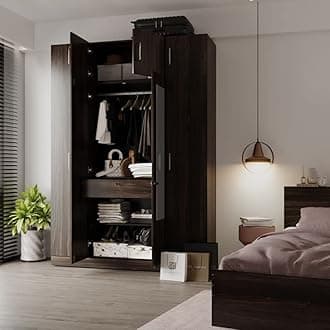 Wakefit Wardrobe | 1 Year Warranty | Engineered Wood Almirah, Cupboard for Clothes Storage | 4 Door, Mirror, 1 Drawer, Loft, 1 Hanging Space | Gingham - Dark Brown