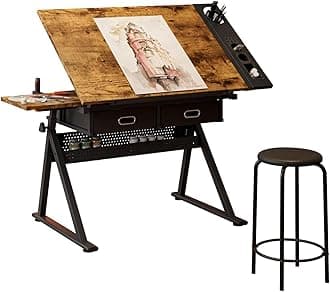 KelligoAdjustable Drafting Table, Adjustable Drawing Drafting Table Desk with 2 Drawers for Home Office and School with Stool(Rustic Brown)