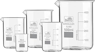 Bello Borosilicate 3.3 Glass Beaker 10 ml, 50 ml, 100 ml, 250 ml, 500 ml with Graduation Marks, Set of 5 Beakers for school collage chemistry lab laboratory
