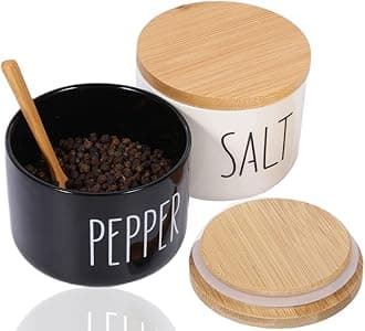 Farmhouse Salt And Pepper Bowls,Stacked Ceramic Salt Cellar With Bamboo Lid, Salt Container With Lid Spoon, Modern Farmhouse Kitchen Decor, Spice Box（Darker Black & White）