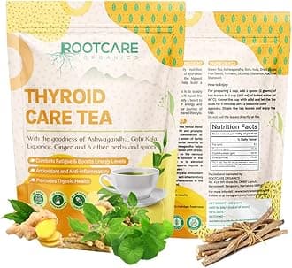 Rootcare Organics Thyroid Care Tea - Herbal Blend With Ashwagandha, Gotu Kola, Liquorice, Ginger, And 6 More Herbs - Promotes Thyroid Health, 100% Natural|Pack Of 1 Month, Loose Leaves |100 Gram