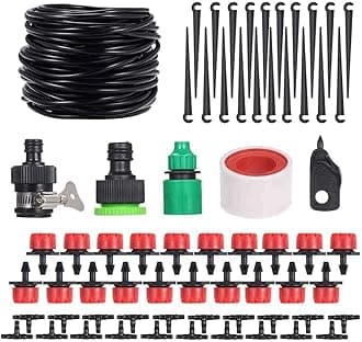 Drip Irrigation Kits, DIY Saving Water Automatic Irrigation Equipment Set, 1/4inch Distribution Tubing Adjustable Nozzle Sprayer for Garden Greenhouse Lawn Patio (46 PCS)