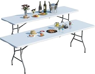 2 Pack Foldable Table 8ft, Plastic Folding Table, Portable Heavy Duty Dining Tables with Lock Function & Carrying Handle, Outdoor Indoor Foldable White Tables for Camping Party Picnic, White