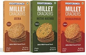 Rightcrunch Millet Crackers - Baked Snack, No Maida, No Palm Oil, Gluten-Free, No Artificial Flavours or Preservatives Combo - Pack of 3 – 300g (Pack of 3, Jeera, Mehti Mathri, Bhakarwadi)