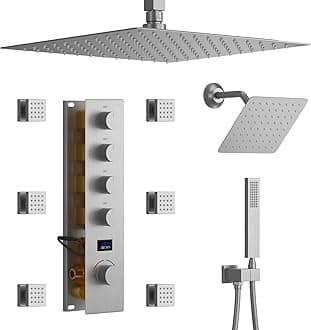 Tempreature Display Shower System Brushed Nickel Shower Faucet Set with 12 and 8 inch Shower Head, with 6 Body Jet, Handheld Spray