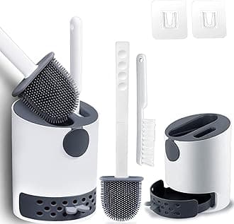 Hulameda [Double-Headed] 2 Pack Toilet Brush and Holder, Non-Slip Handle Soft Flexible Flat Head Bristles Silicone Toilet Brush, Drawer Type Quick Drying Base, Gray & White, (Flooring/Mounted Wall)