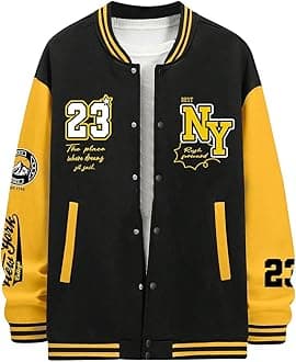 SOLY HUXMen's Graphic Varsity Jacket Color Block Letter Print Long Sleeve Oversized Baseball Jacket