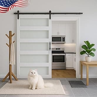 S&Z TOPHAND® 46 in x 80 in Glass Sliding MDF Barn Door with 8FT Sliding Door Hardware Kit, 5 Tempered Frosted Glass, Slab Inside Covered with Water-Proof PVC Surface, Simple DIY Assembly