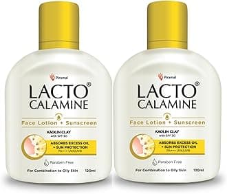 Lacto Calamine Sunscreen Lotion with SPF 30 | 120ml each - Pack of 2 |UVA + UVB PA+++ | Kaolin Clay & Zinc Oxide | Daily Face Moisturizer For Oily Skin | Lightweight & Non-Greasy | Face & Body Lotion
