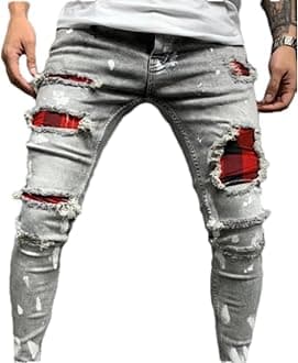 Men's Jeans Trousers Ripped Trendy Mid-Waist Patch Stretch Stitching Straight Fashion Comfortable Casual Versatile Handsome