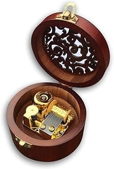 BinkeGG Play (Canon in D Major) Brown Wooden Circular Hollow Out Music Box with Sankyo Musical Movement (65 Tunes Option)