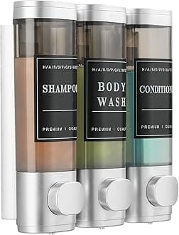 - Shower Soap Dispenser Wall Mounted No Drill Shampoo Dispenser for Shower Wall Shampoo and Conditioner Dispenser Bathroom Hotel 3 * 300ml Sliver with Labels