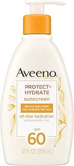 Aveeno Protect + Hydrate Sunscreen Moisturizing Lotion with Prebiotic Oat, Broad Spectrum SPF60, Paraben, & Oil Free, Weightless, Water & Sweat Resistant (80-min) for Sensitive Skin, 12 Fl Oz