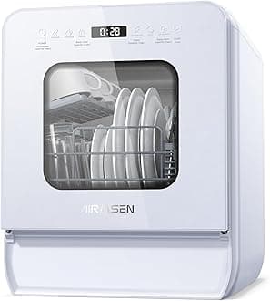 AIRMSEN Portable Countertop Dishwasher with 5L Water Tank, Mini Dishwasher with 14.6” Ultra-Narrow Design, 9 Programs, 24H Delay Start & 360° Dual Spray, No Hookup Needed, C01, White