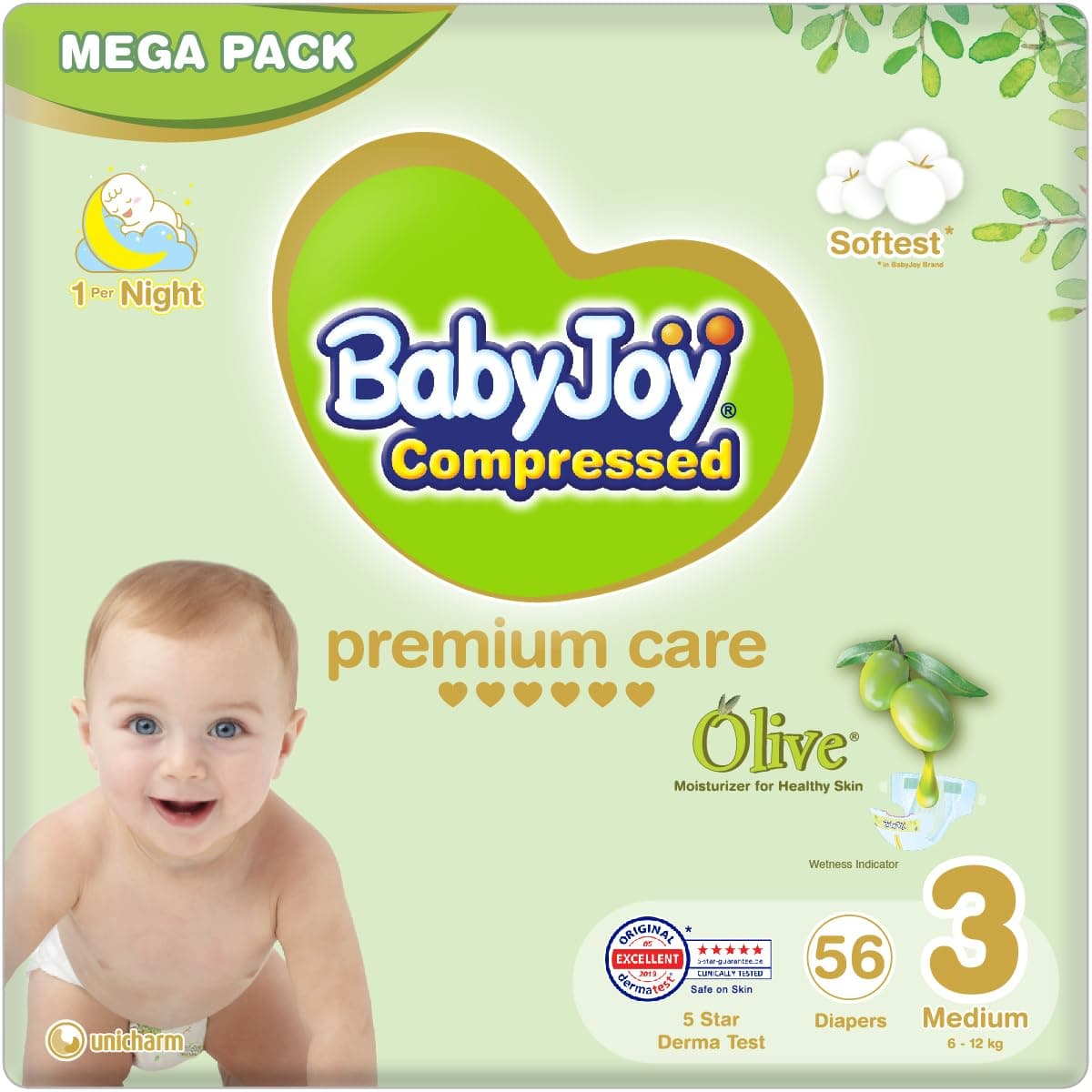 BabyJoy Olive, Size 3, Medium, 6-12 Kg, Mega Pack, 56 Diapers
