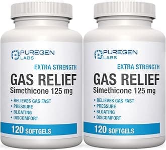 P Puregen Labs Extra Strength Gas Relief Softgels with Simethicone 125 mg | Fast Relieve of Pressure, Bloating and Painful Discomfort – 2 Pack | Total 240 Softgels