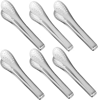 4 Pack Gold Tongs for Serving Food, 9 Inch Serving Tongs, Gold Buffet Tongs Stainless Steel Serving Utensils, Metal Kitchen Tongs for Salad, Steak, Appetizer, Snack and Small Food (SILVER, 7INCH)